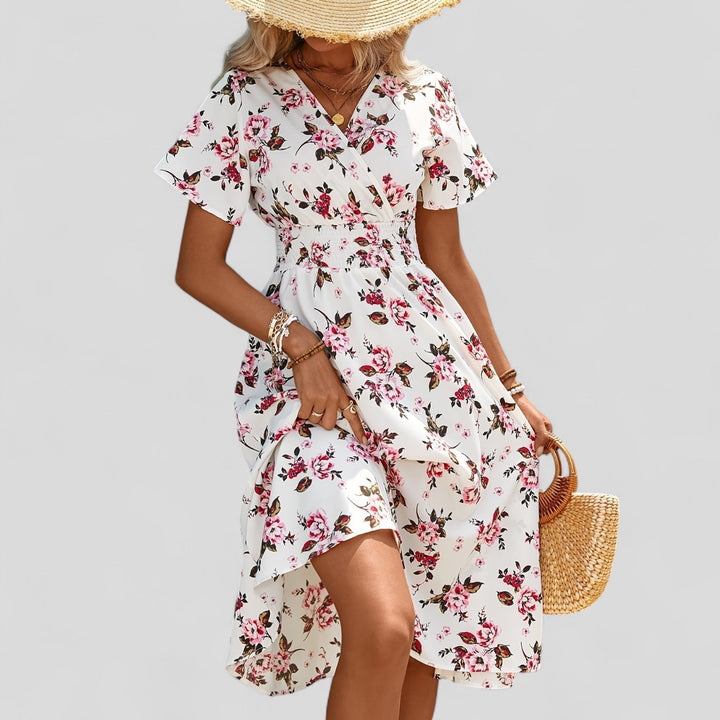 White midi dress with pink floral scattered print