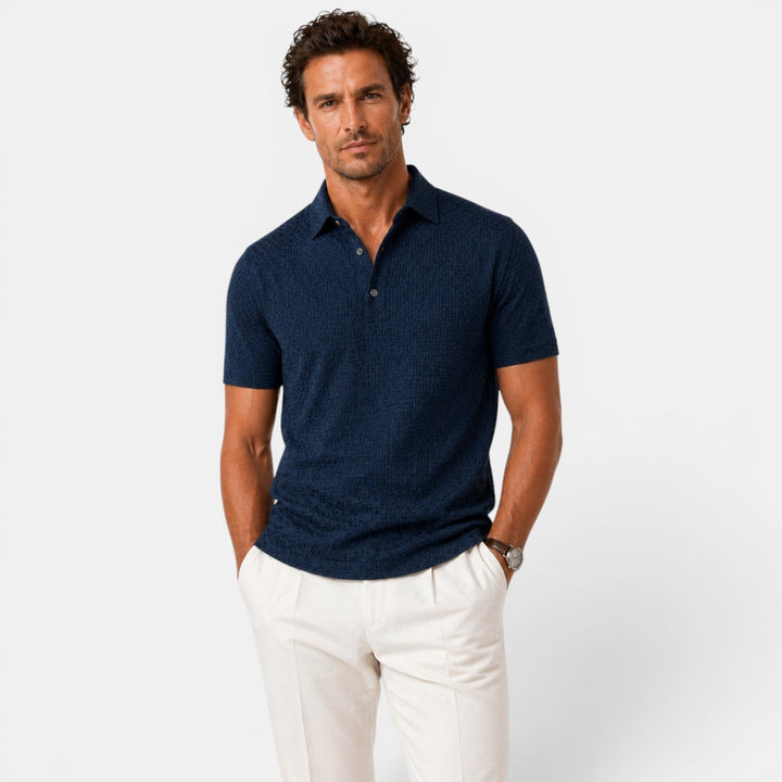 Model wearing a breathable polo shirt on a plain background.