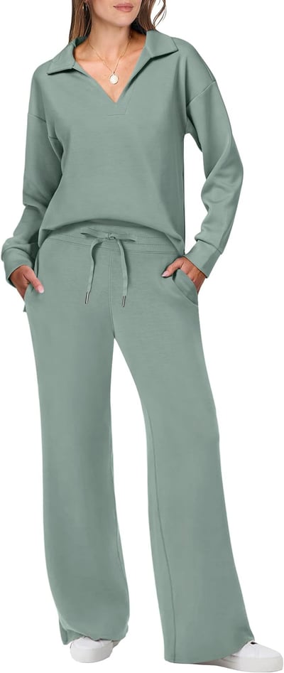 Woman wearing a versatile matching casual set against a plain background.