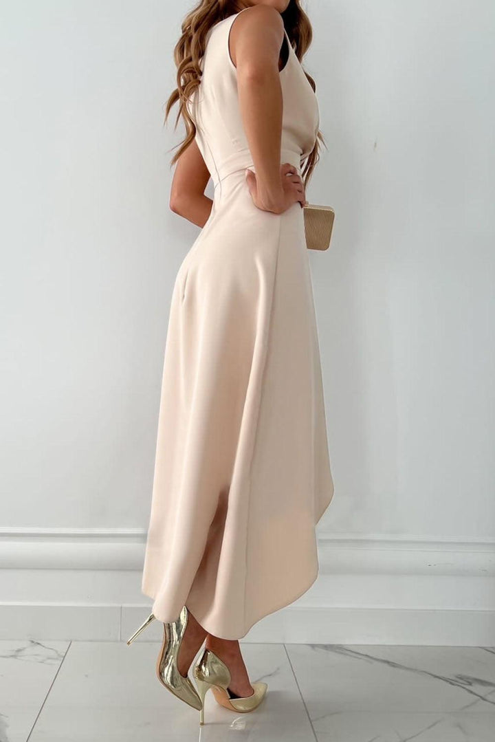 Side view formal midi dress front angle greyish backdrop