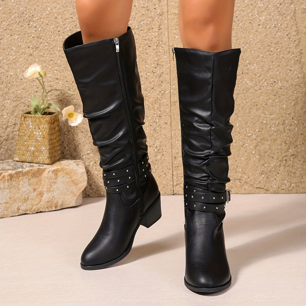 Aelimira | Women's Slouchy Studded Buckle Knee High Boots
