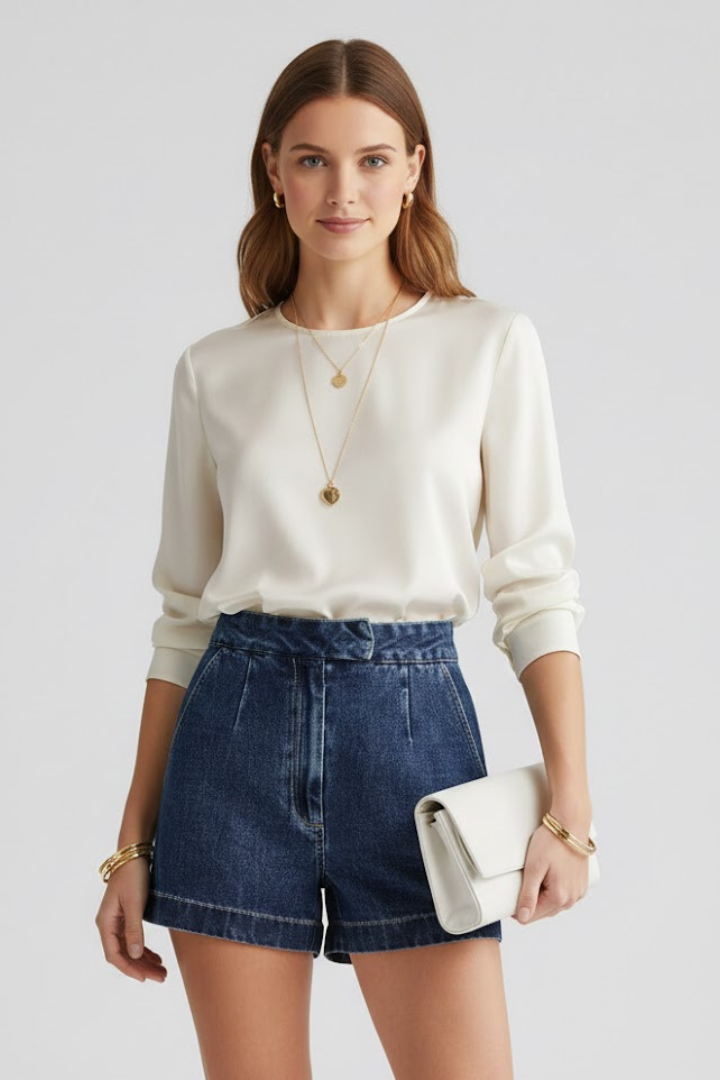 Woman wearing high-waisted denim shorts with clutch in front view on plain gray background