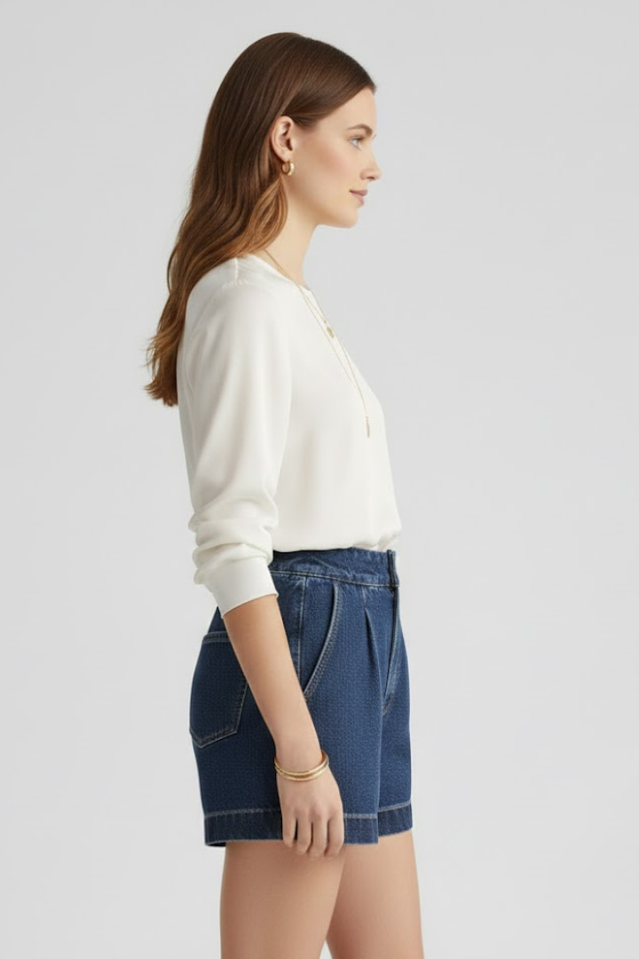 Woman posing sideways in structured denim shorts on plain gray background