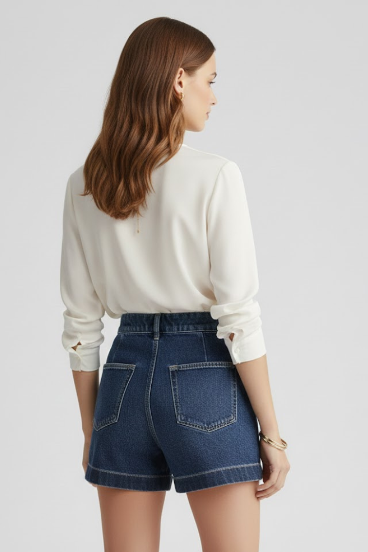 Female model back angle in high-rise shorts gray background