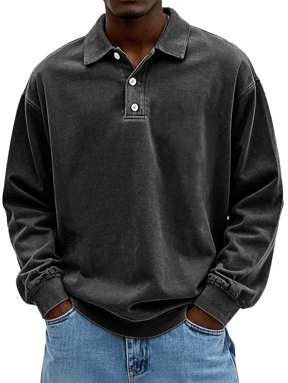 Alessandro | Men's Button-Up Casual Long Sleeve Polo Shirt for Men - Oversized Fit — Black