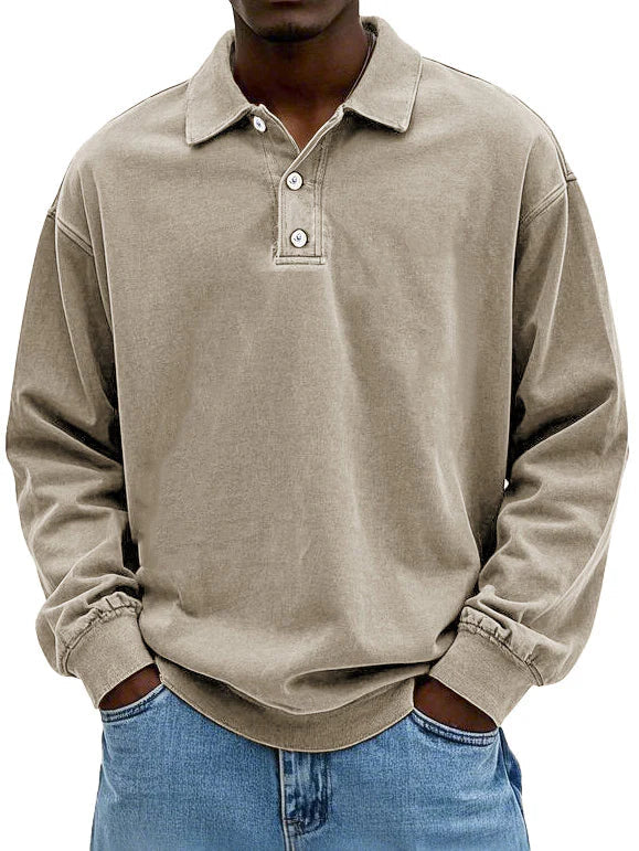 Alessandro | Men's Button-Up Casual Long Sleeve Polo Shirt for Men - Oversized Fit — Khaki