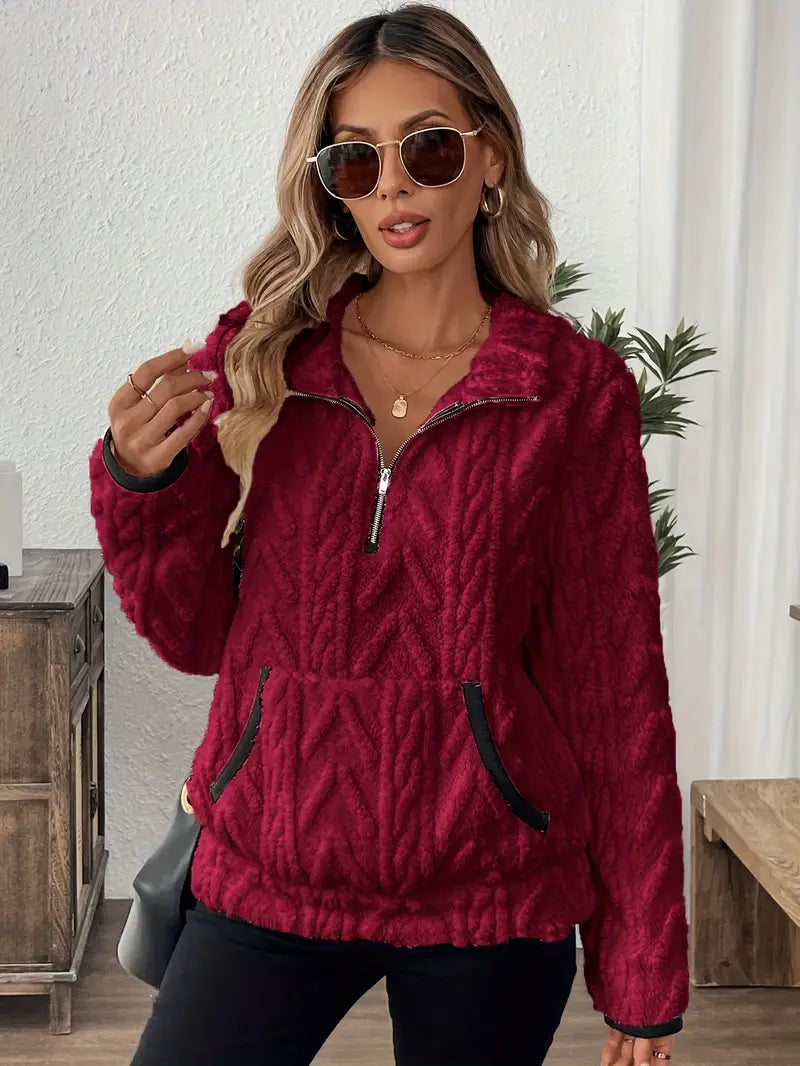 Alvinavia | Women's Cozy Quarter Zip Cable Textured Sherpa Sweater — 1