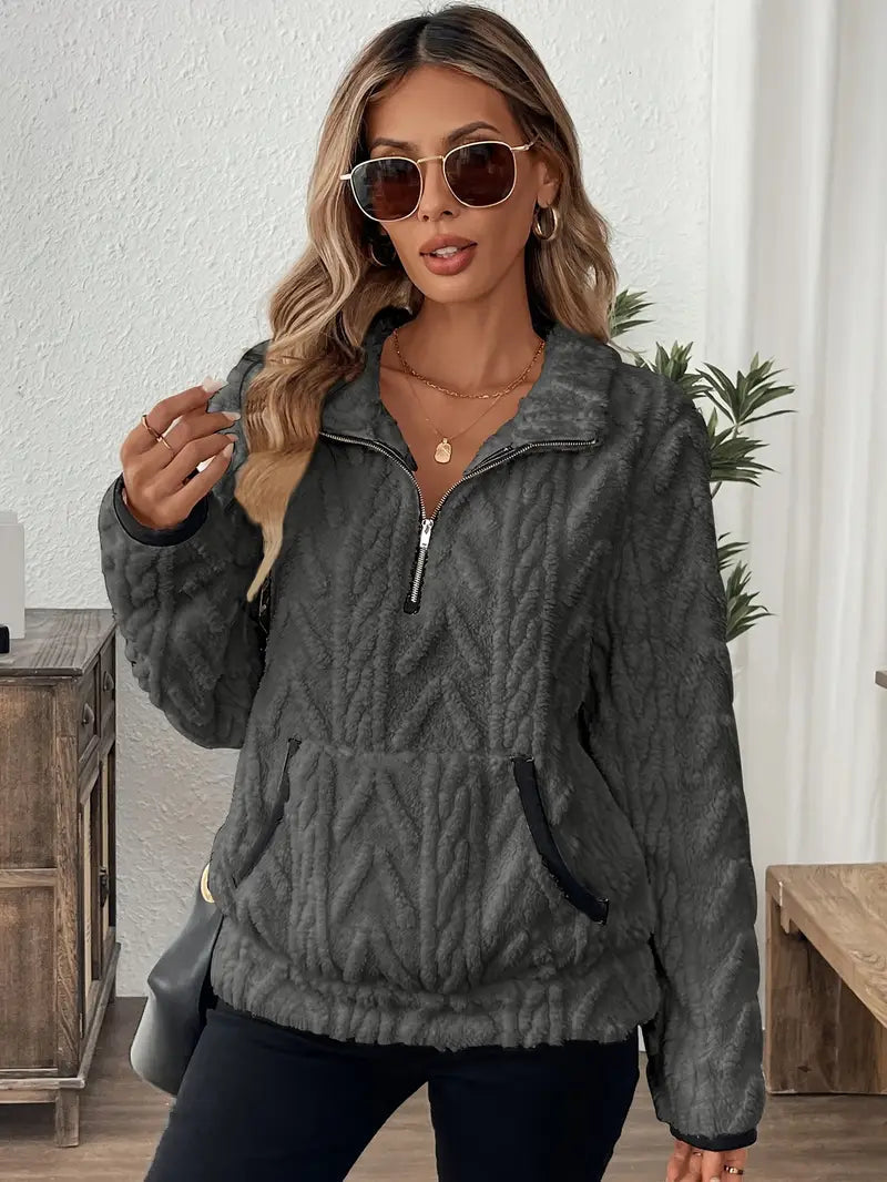 Alvinavia | Women's Cozy Quarter Zip Cable Textured Sherpa Sweater — Dark Gray