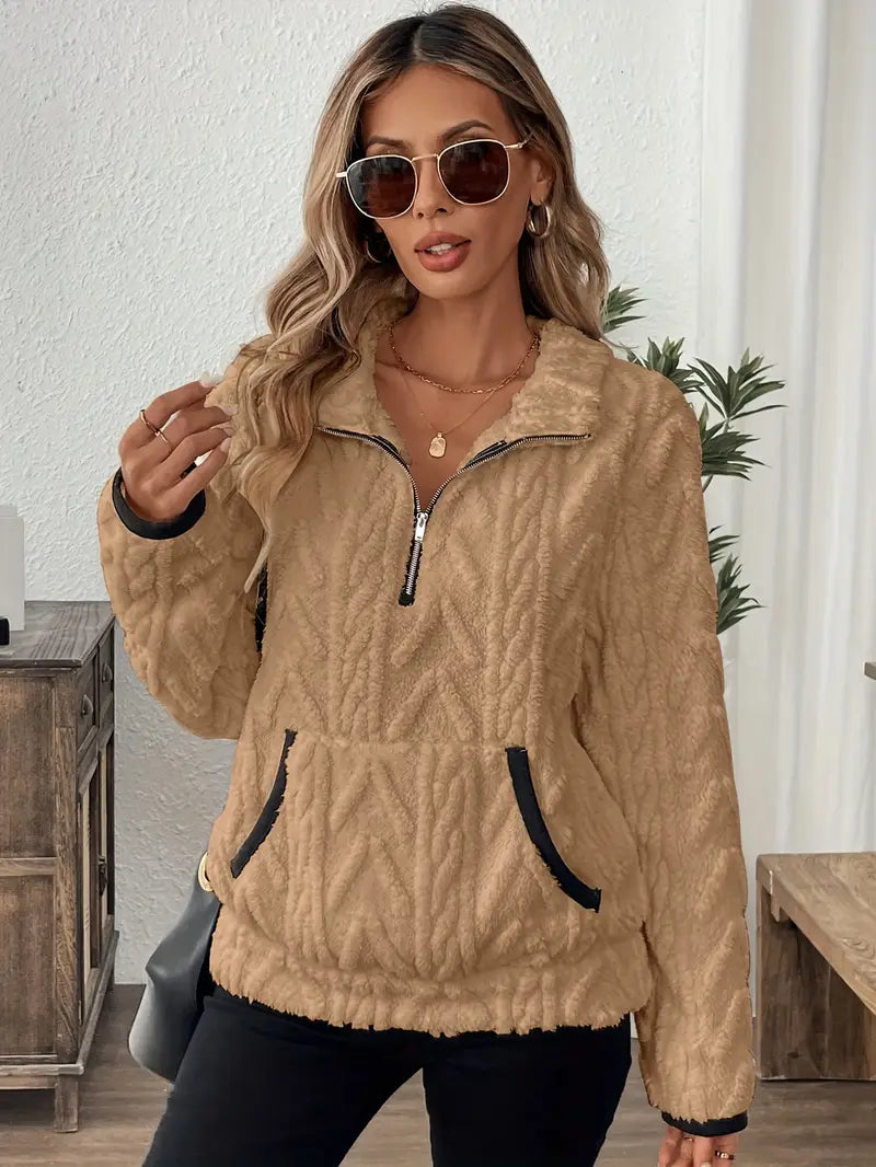 Alvinavia | Women's Cozy Quarter Zip Cable Textured Sherpa Sweater — Khaki