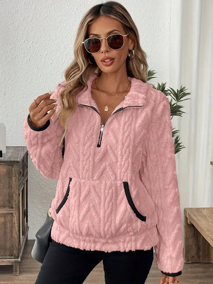 Alvinavia | Women's Cozy Quarter Zip Cable Textured Sherpa Sweater — Pink