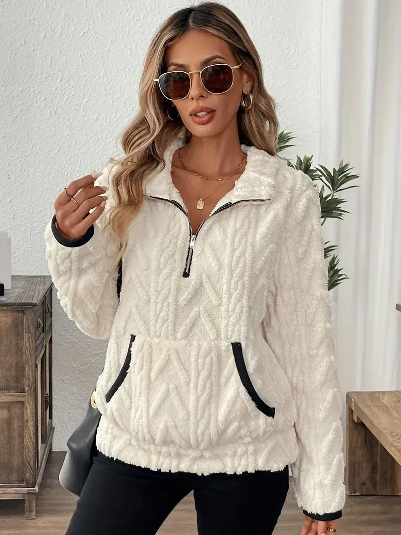 Alvinavia | Women's Cozy Quarter Zip Cable Textured Sherpa Sweater — White