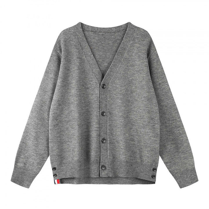 Alvinola | Women's Cozy Oversize V‑Neck Knitted Cardigan with Button Placket and Side Press Buttons — Dark gray