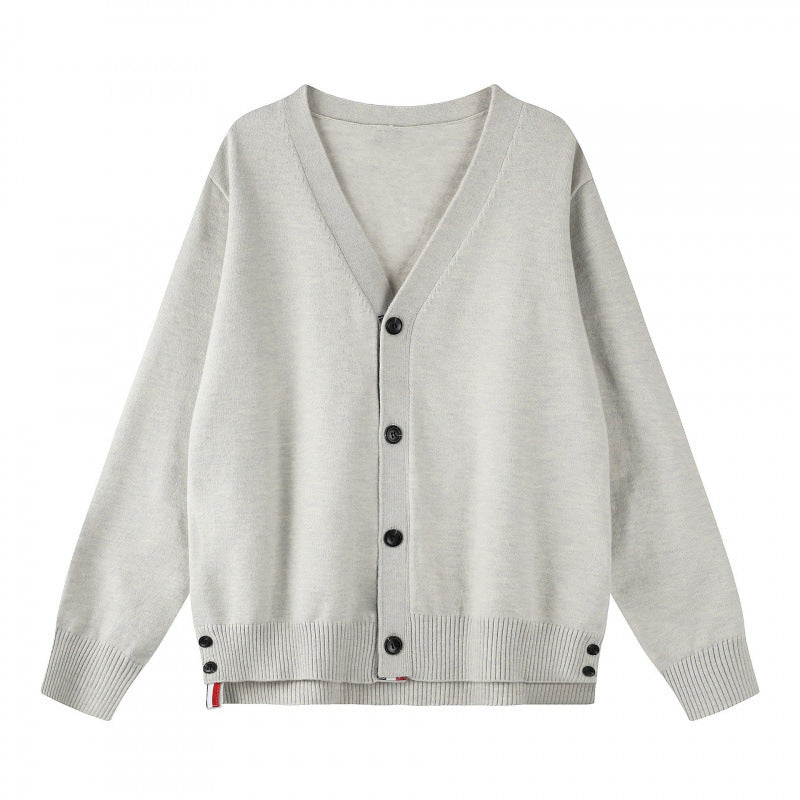 Alvinola | Women's Cozy Oversize V‑Neck Knitted Cardigan with Button Placket and Side Press Buttons — Light gray