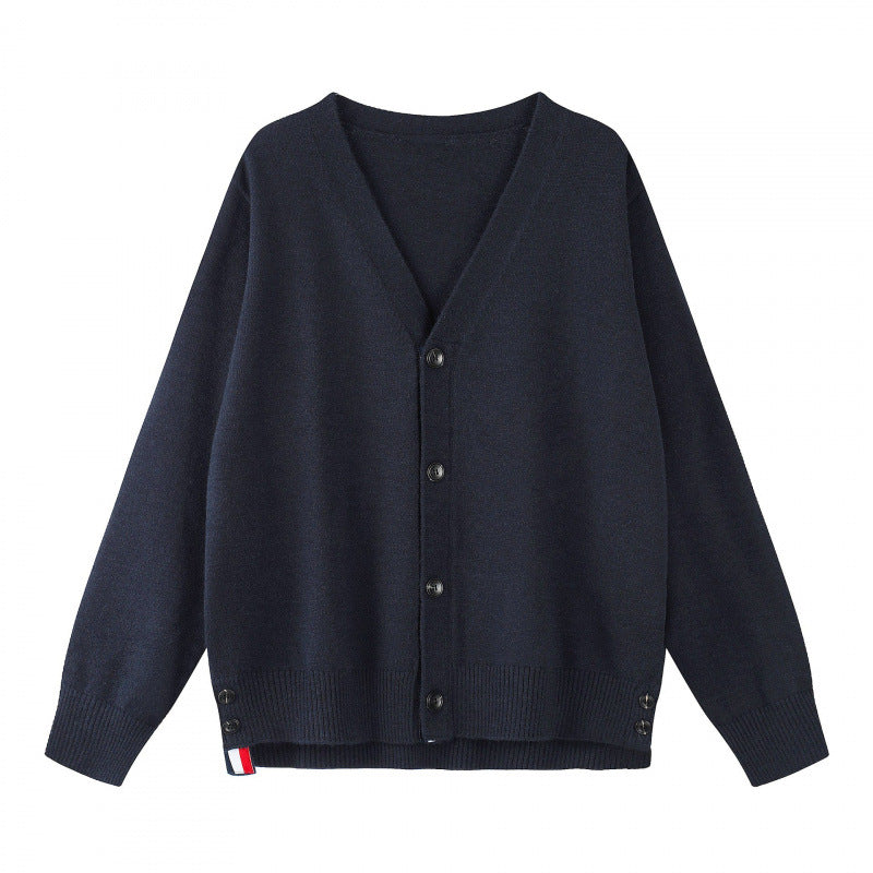 Alvinola | Women's Cozy Oversize V‑Neck Knitted Cardigan with Button Placket and Side Press Buttons — Navy blue