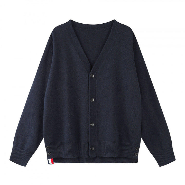 Alvinola | Women's Cozy Oversize V‑Neck Knitted Cardigan with Button Placket and Side Press Buttons — Navy blue
