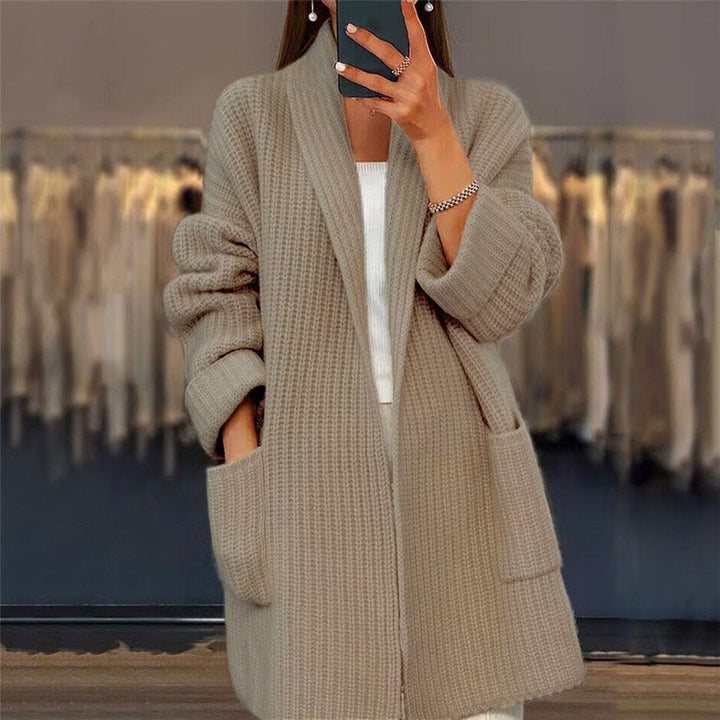 Alvinora | Women's Cozy Shawl-Collar Patch-Pocket Longline Cardigan — 2