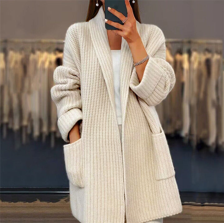Alvinora | Women's Cozy Shawl-Collar Patch-Pocket Longline Cardigan — Cream