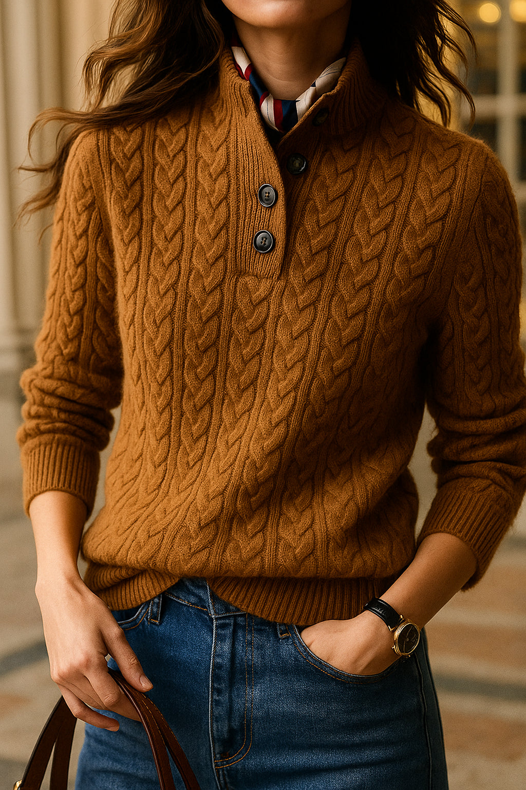 Amberlavia | Women's Cozy Button Neck Long Sleeve Cashmere-Feel Cable Knit Sweater — 2