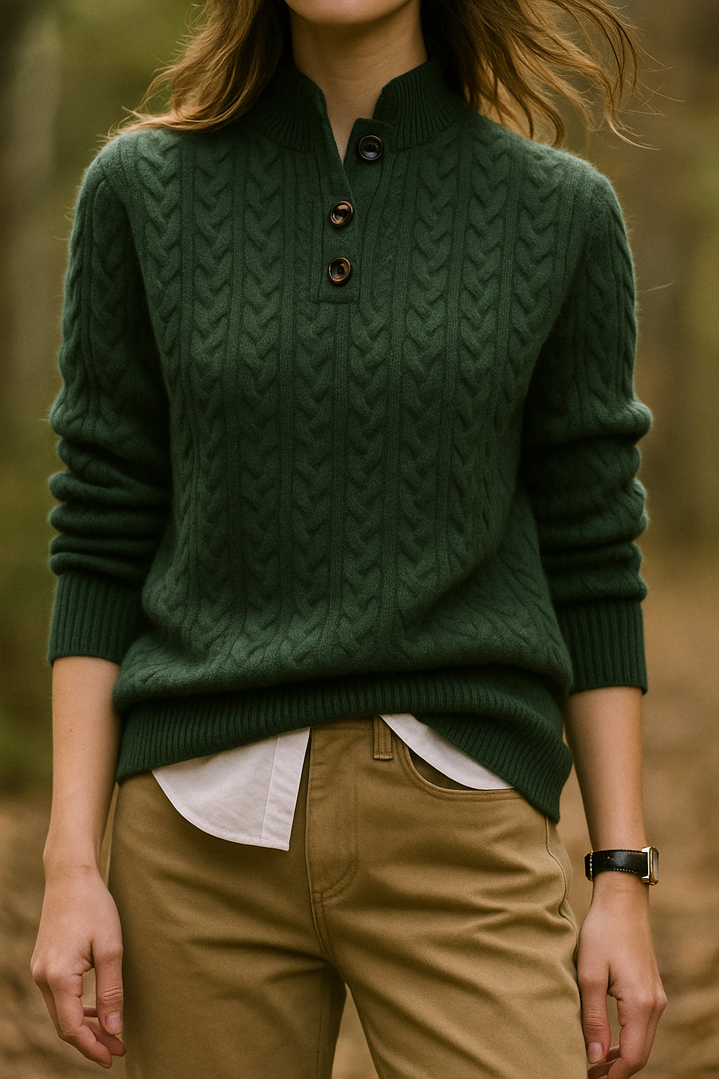 Amberlavia | Women's Cozy Button Neck Long Sleeve Cashmere-Feel Cable Knit Sweater — Dark green