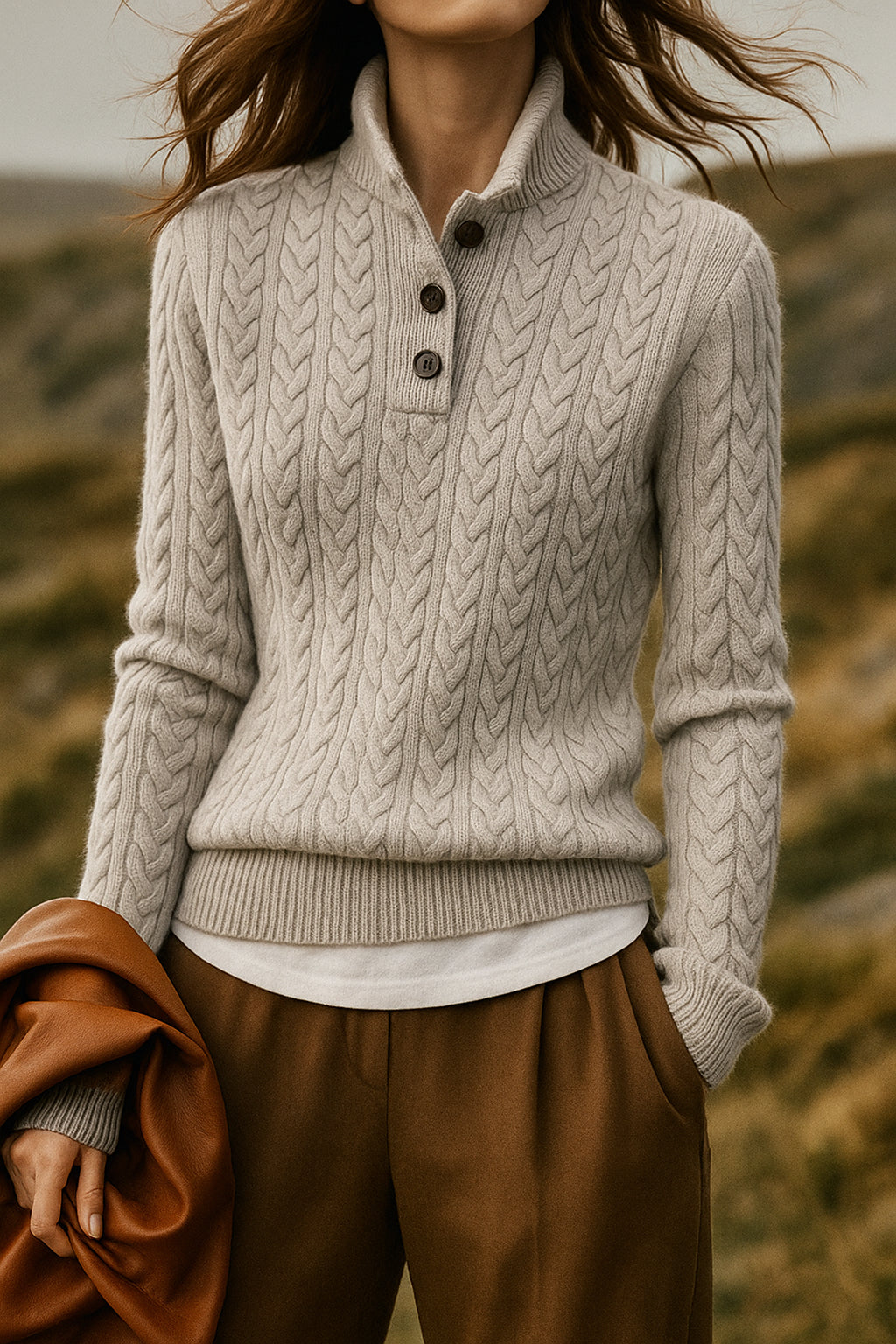 Amberlavia | Women's Cozy Button Neck Long Sleeve Cashmere-Feel Cable Knit Sweater — Gray