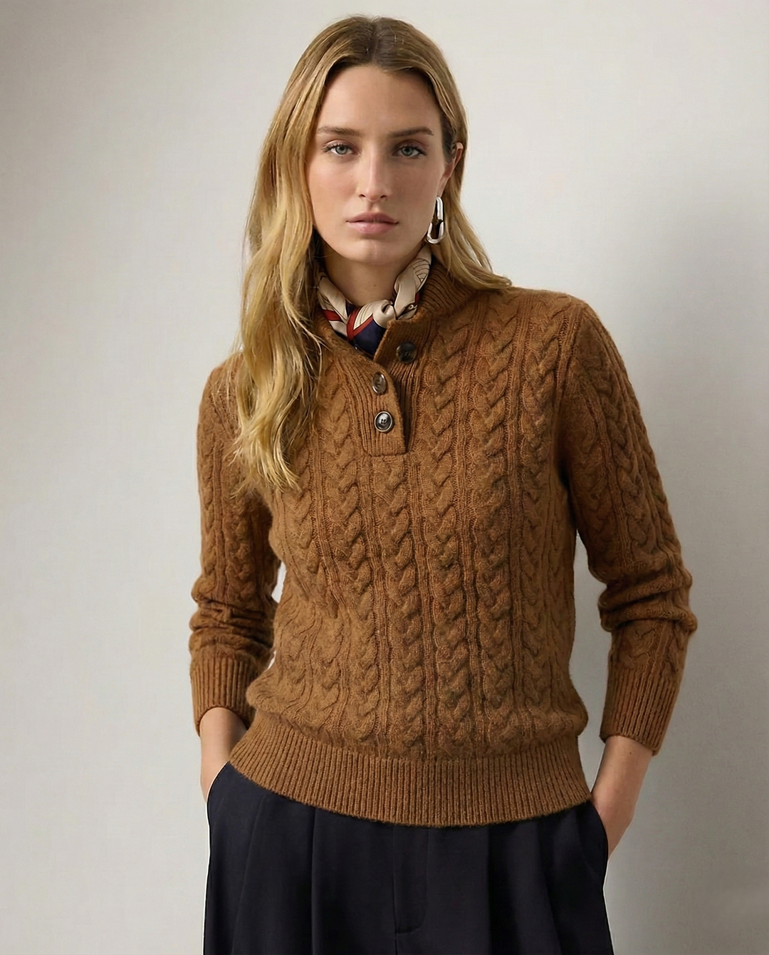 Amberlavia | Women's Cozy Button Neck Long Sleeve Cashmere-Feel Cable Knit Sweater — Rust brown