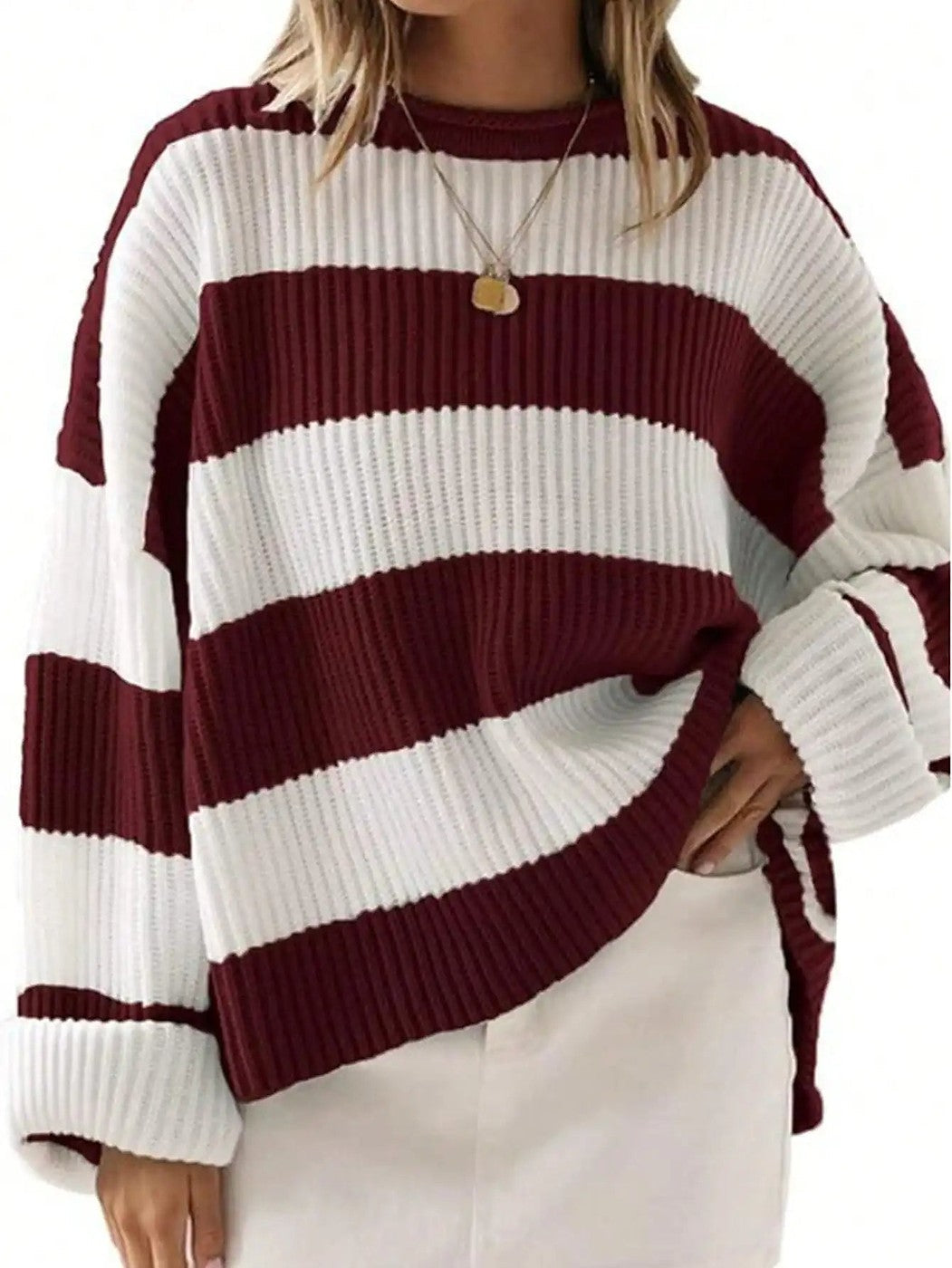Anoukanne | Women's Cozy Wide Stripe Chunky Knit Sweater — 1