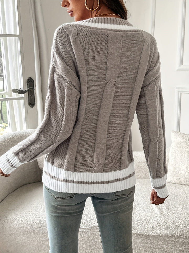Anoukmira | Women's Cozy Oversized Varsity V-Neck Sweater — 2