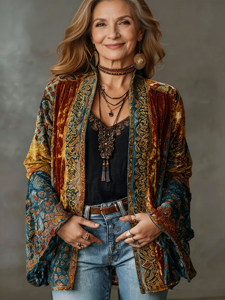 Anoukmora | Women's Knit Cozy Bohemian Velvet Patchwork Kimono Cardigan — 1