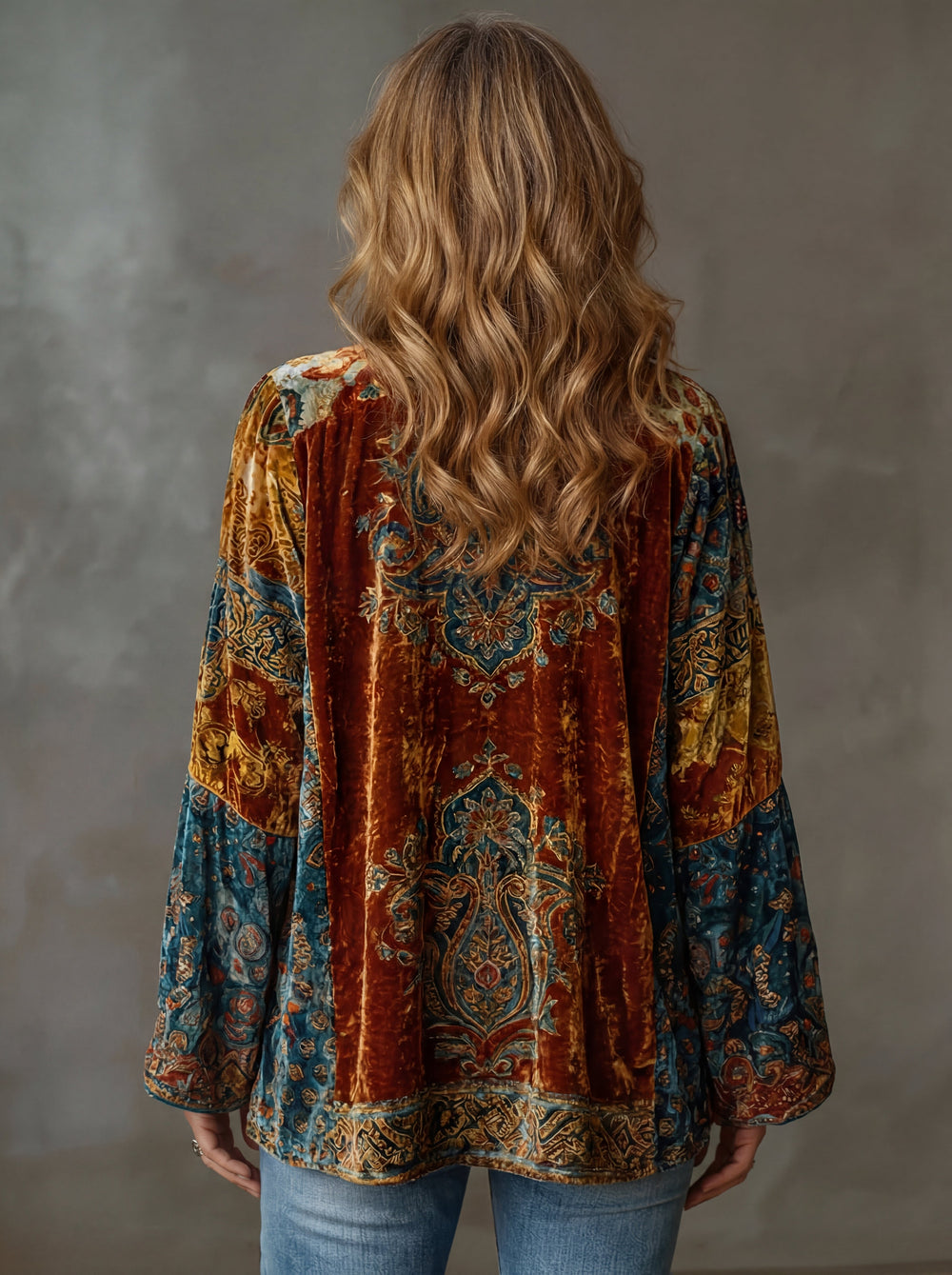 Anoukmora | Women's Knit Cozy Bohemian Velvet Patchwork Kimono Cardigan — 2