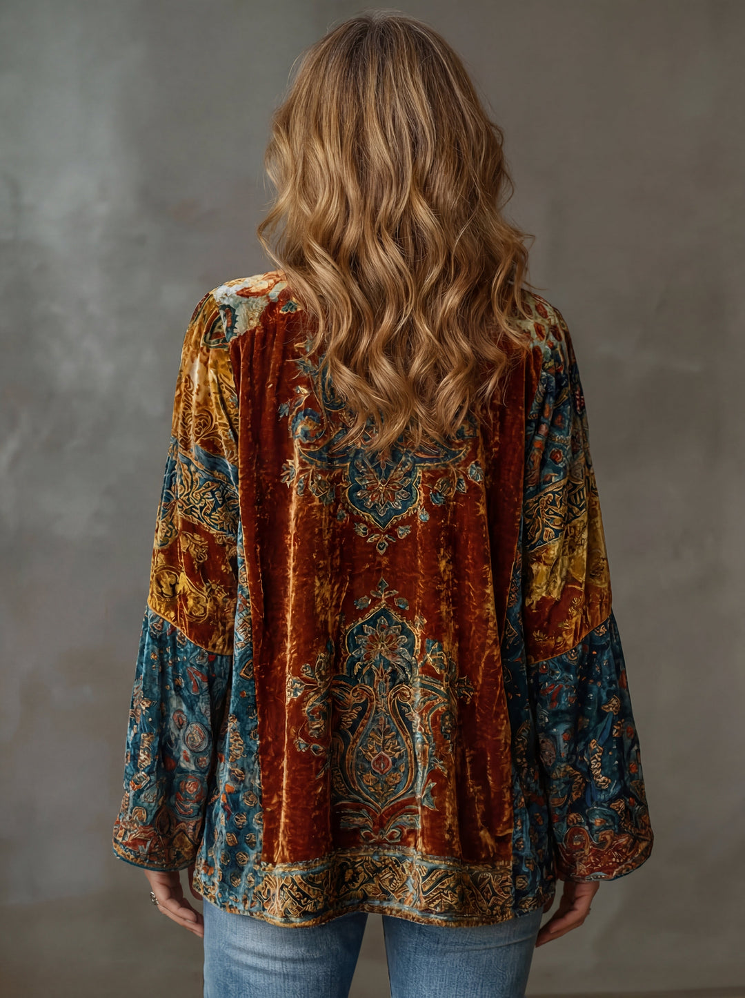 Anoukmora | Women's Knit Cozy Bohemian Velvet Patchwork Kimono Cardigan — 2