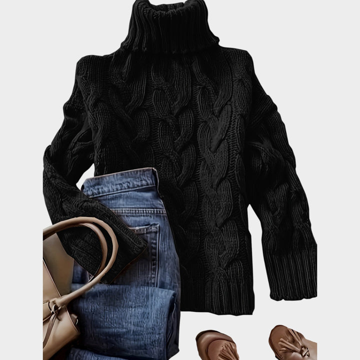 Anoukria | Women's Cozy Cable Knit Sweater Turtleneck Chunky Long Sleeve — Black