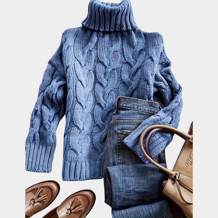 Anoukria | Women's Cozy Cable Knit Sweater Turtleneck Chunky Long Sleeve — Blue