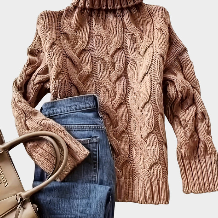 Anoukria | Women's Cozy Cable Knit Sweater Turtleneck Chunky Long Sleeve — Camel
