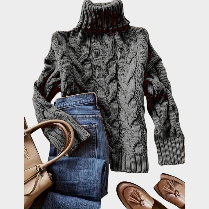 Anoukria | Women's Cozy Cable Knit Sweater Turtleneck Chunky Long Sleeve — Dark Gray