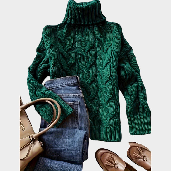 Anoukria | Women's Cozy Cable Knit Sweater Turtleneck Chunky Long Sleeve — Dark Green