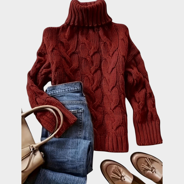Anoukria | Women's Cozy Cable Knit Sweater Turtleneck Chunky Long Sleeve — Deep Red
