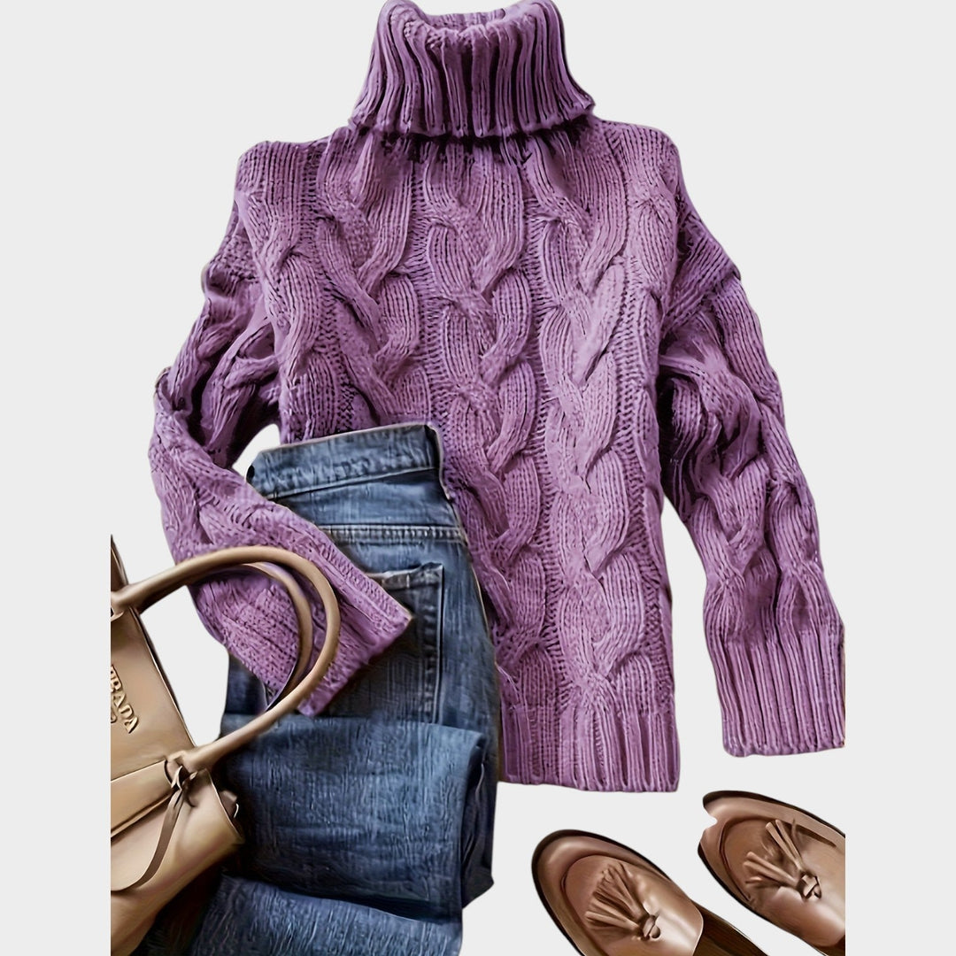 Anoukria | Women's Cozy Cable Knit Sweater Turtleneck Chunky Long Sleeve — Fuchsia