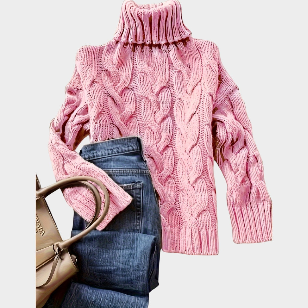 Anoukria | Women's Cozy Cable Knit Sweater Turtleneck Chunky Long Sleeve — Pink