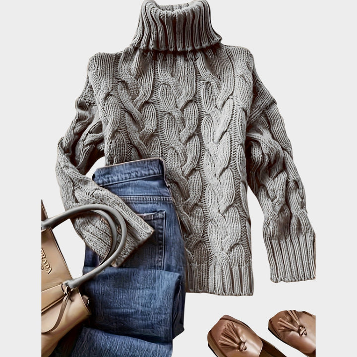Anoukria | Women's Cozy Cable Knit Sweater Turtleneck Chunky Long Sleeve — Space Gray