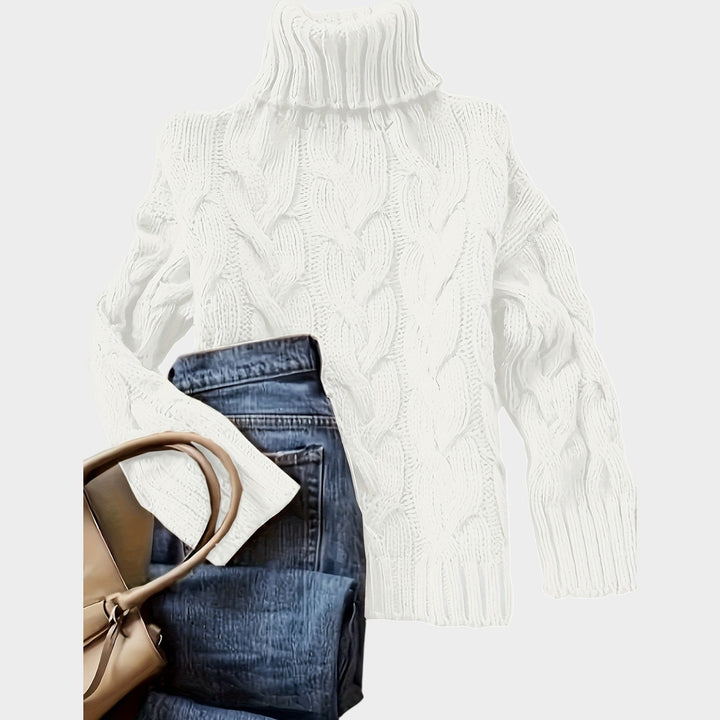 Anoukria | Women's Cozy Cable Knit Sweater Turtleneck Chunky Long Sleeve — White
