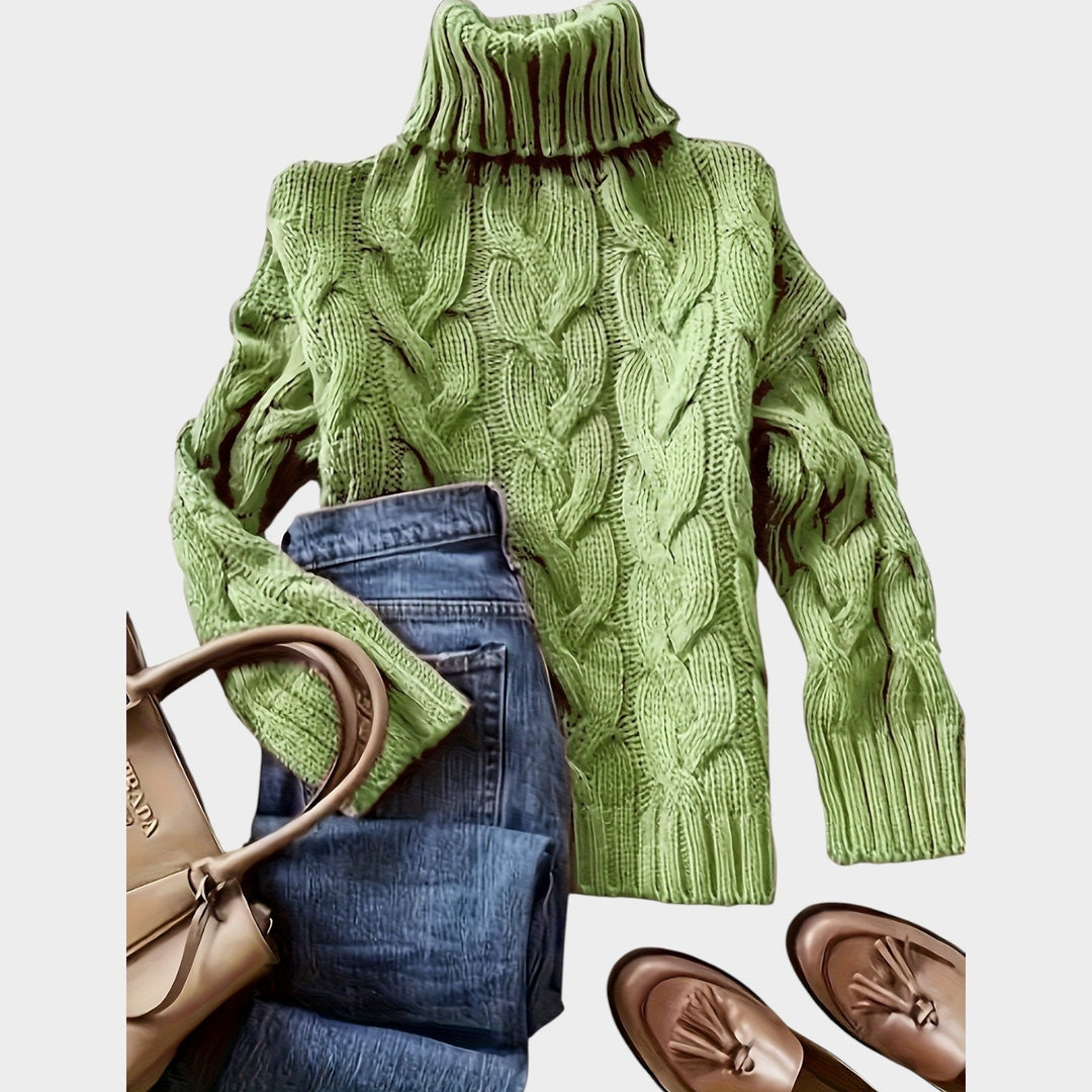 Anoukria | Women's Cozy Cable Knit Sweater Turtleneck Chunky Long Sleeve — Yellow-green