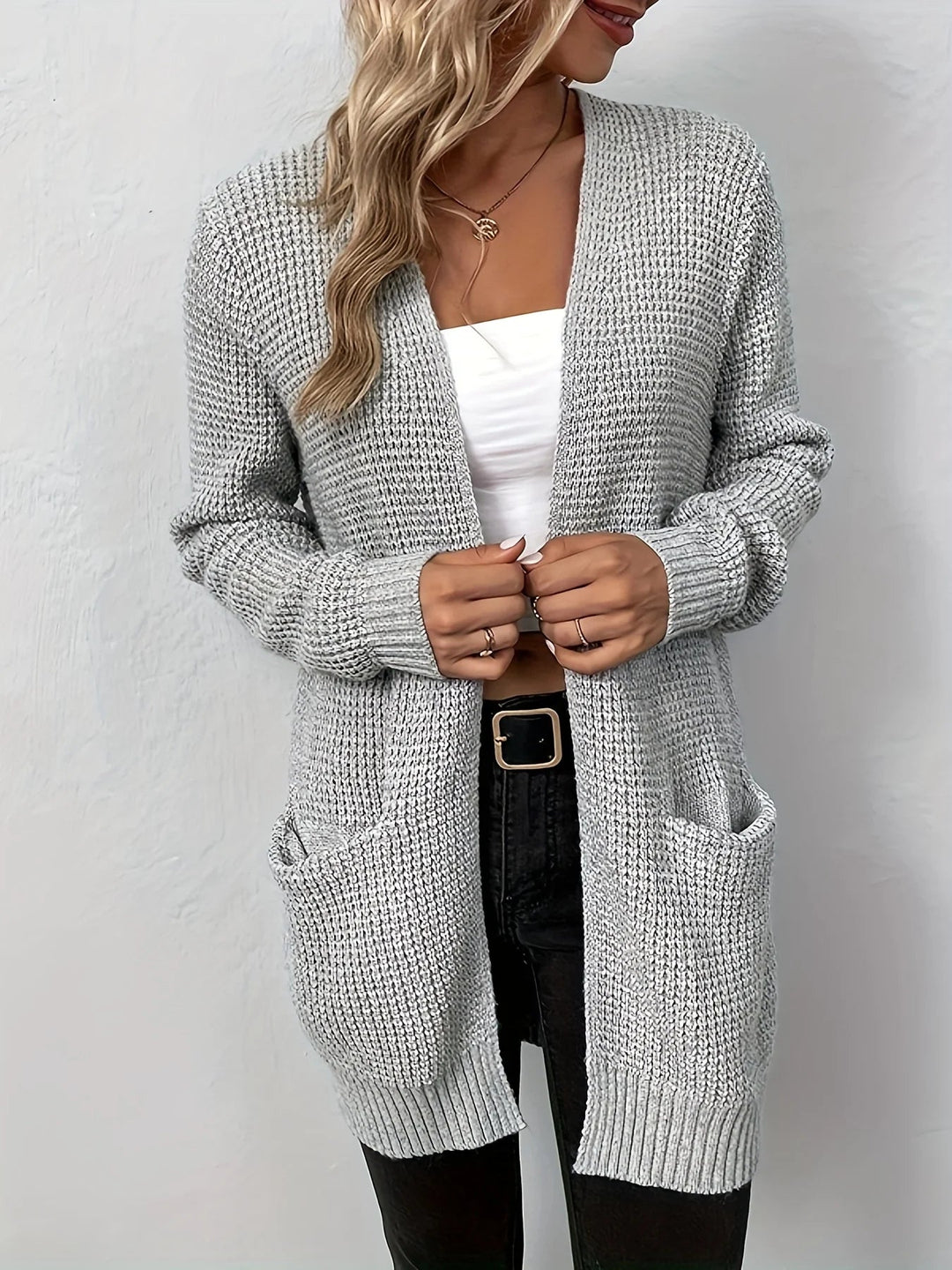 Anoukriel | Women's Cozy Cardigan Sweater Round Neck Textured Knit Solid Color — 2