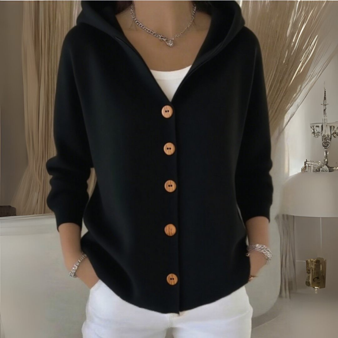 Anoukwen | Women's Cozy Button Down Hooded Knit Cardigan — Black