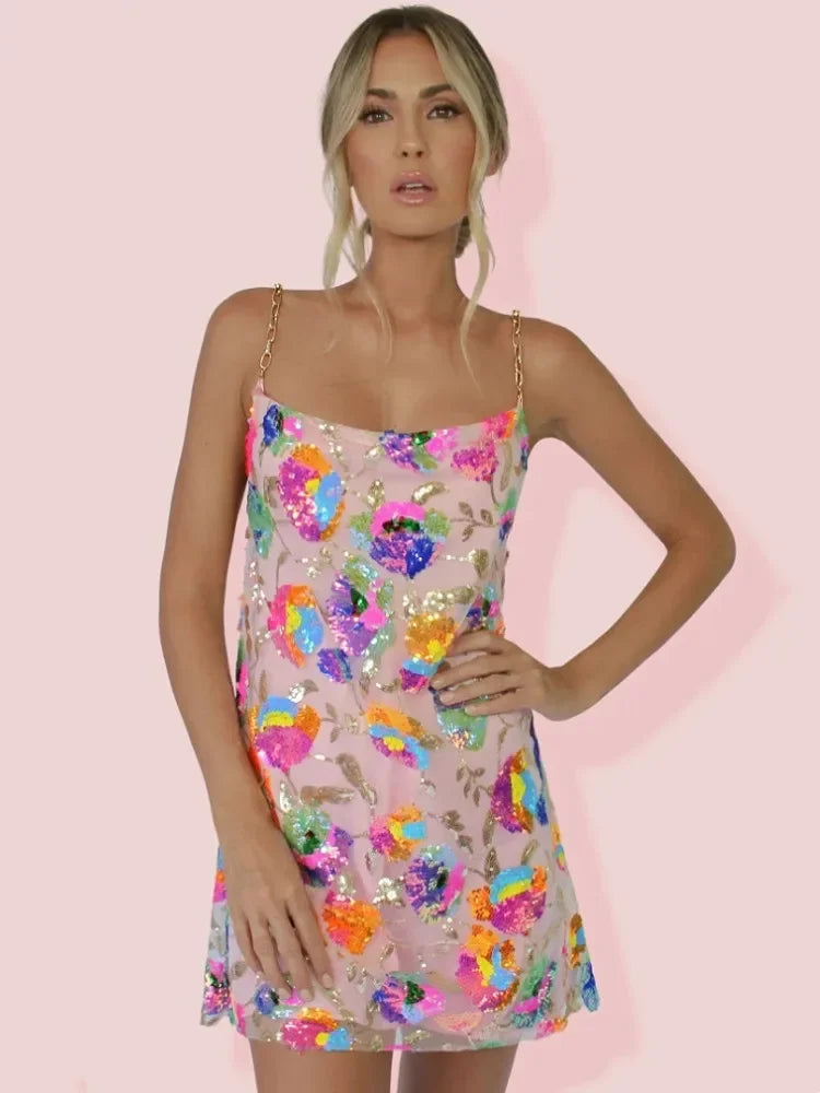 Anoukwynn | Women's Wedding Guest Elegant Floral Sequin Mini Dress Dresses — 2