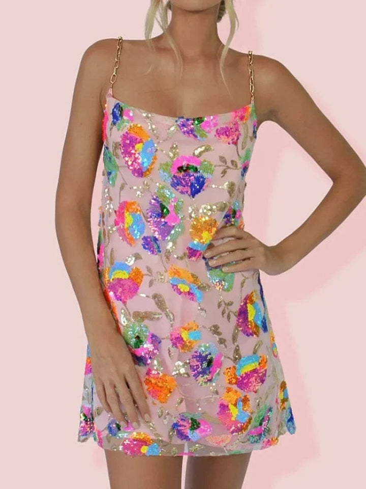 Anoukwynn | Women's Wedding Guest Elegant Floral Sequin Mini Dress Dresses — Pink