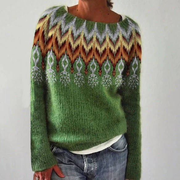 Araina | Women's Knit Cozy Comfy Nordic Fair Isle Sweater with Crew Neck — Green (Feather)
