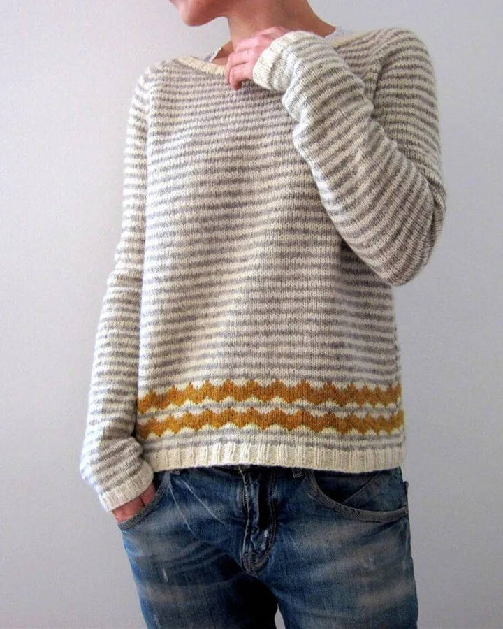 Araina | Women's Knit Cozy Comfy Nordic Fair Isle Sweater with Crew Neck — Light Brown