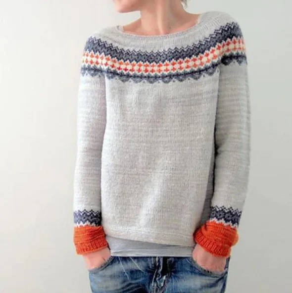 Araina | Women's Knit Cozy Comfy Nordic Fair Isle Sweater with Crew Neck — Light Gray