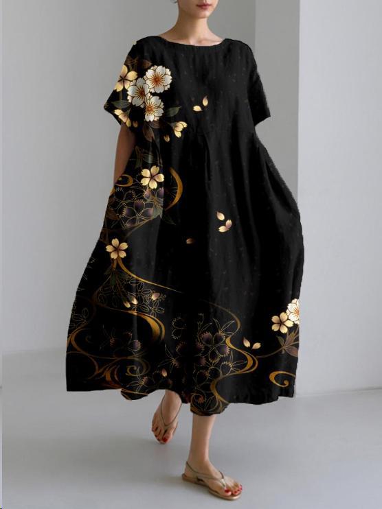 Aridessa | Women's Wedding Guest Elegant Floral Loose Fit Midi Dress Dresses — Black