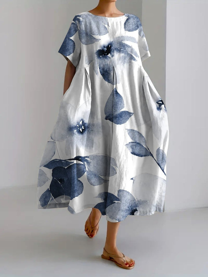 Aridessa | Women's Wedding Guest Elegant Floral Loose Fit Midi Dress Dresses — Dark Blue
